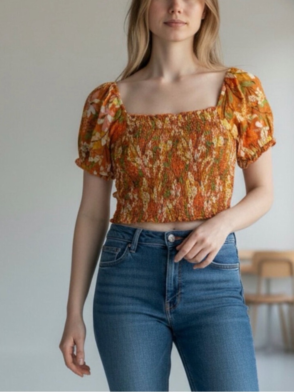 Aerie Smocked Orange Floral Square Neck Puff Sleeve Cropped Top Womens Small NWT